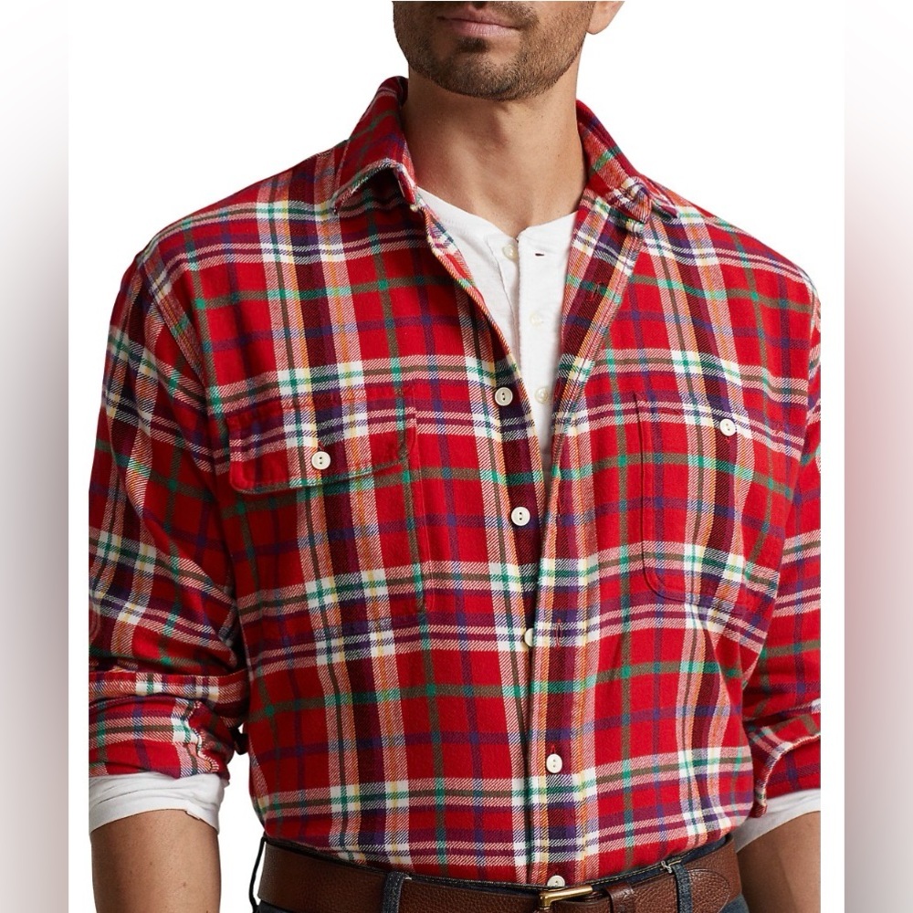 POLO Ralph Lauren Men’s Red Long Sleeve Plaid Flannel Shirt Button Down Closure